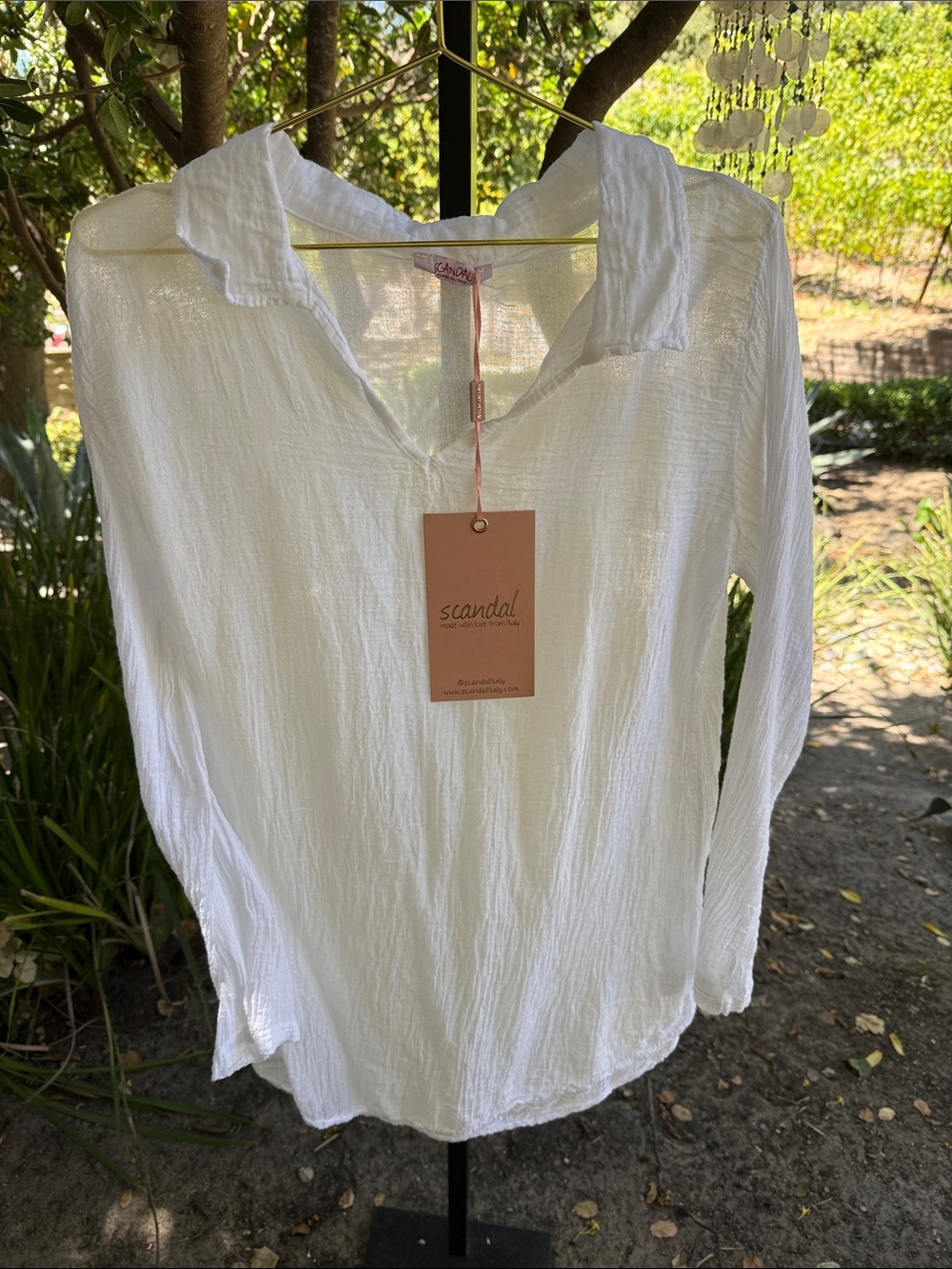Scandal White Crinkle V-Neck Long Sleeve Tunic